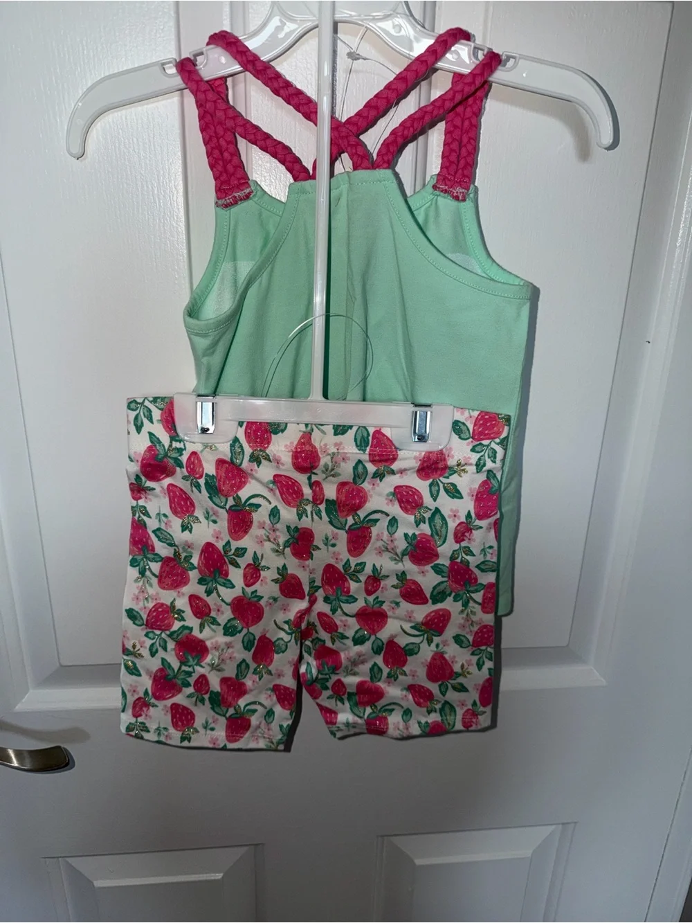 Girls Mint Strawberry Tank & Shorts Set with Pink Braided Straps